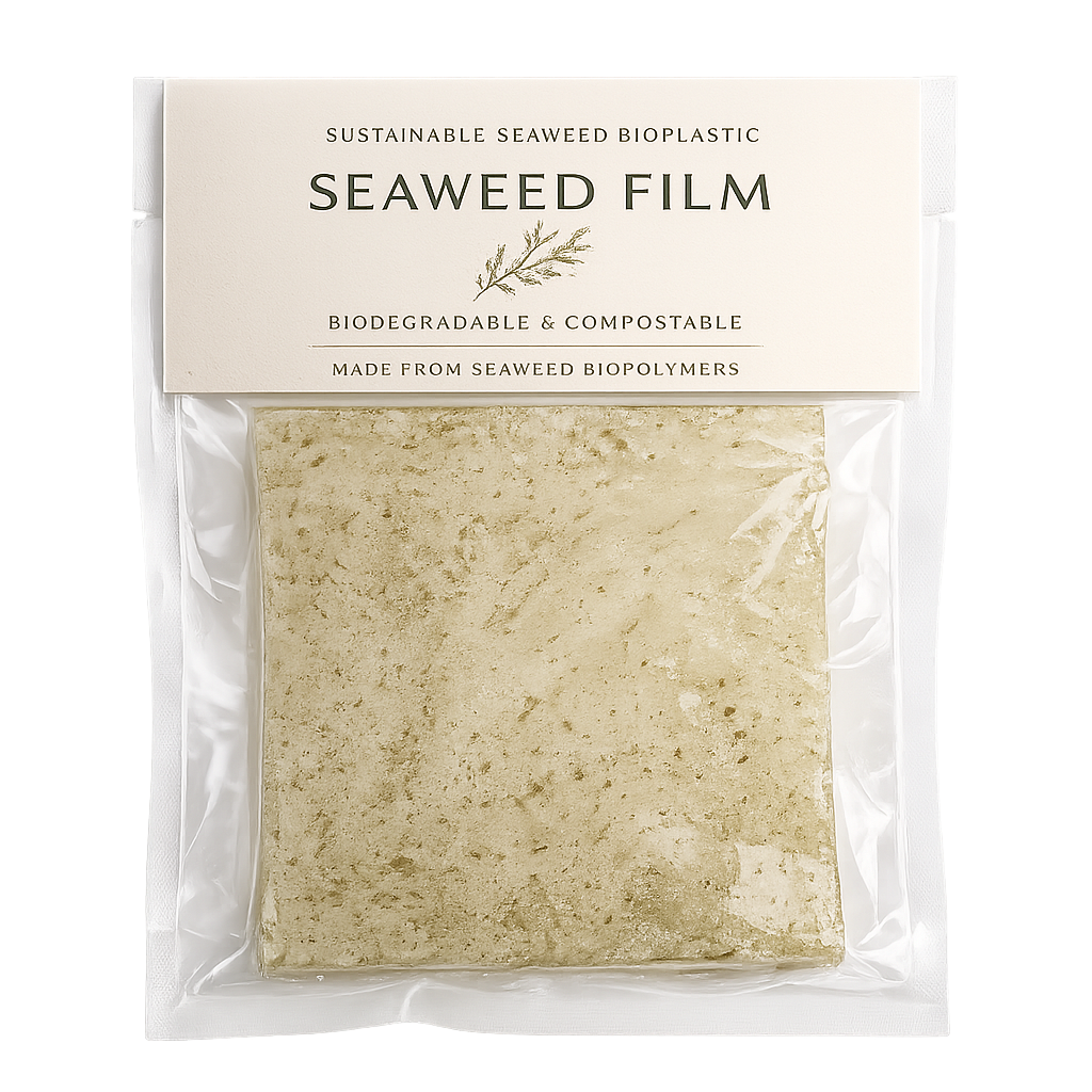 Packaged seaweed film labeled as biodegradable and compostable.
