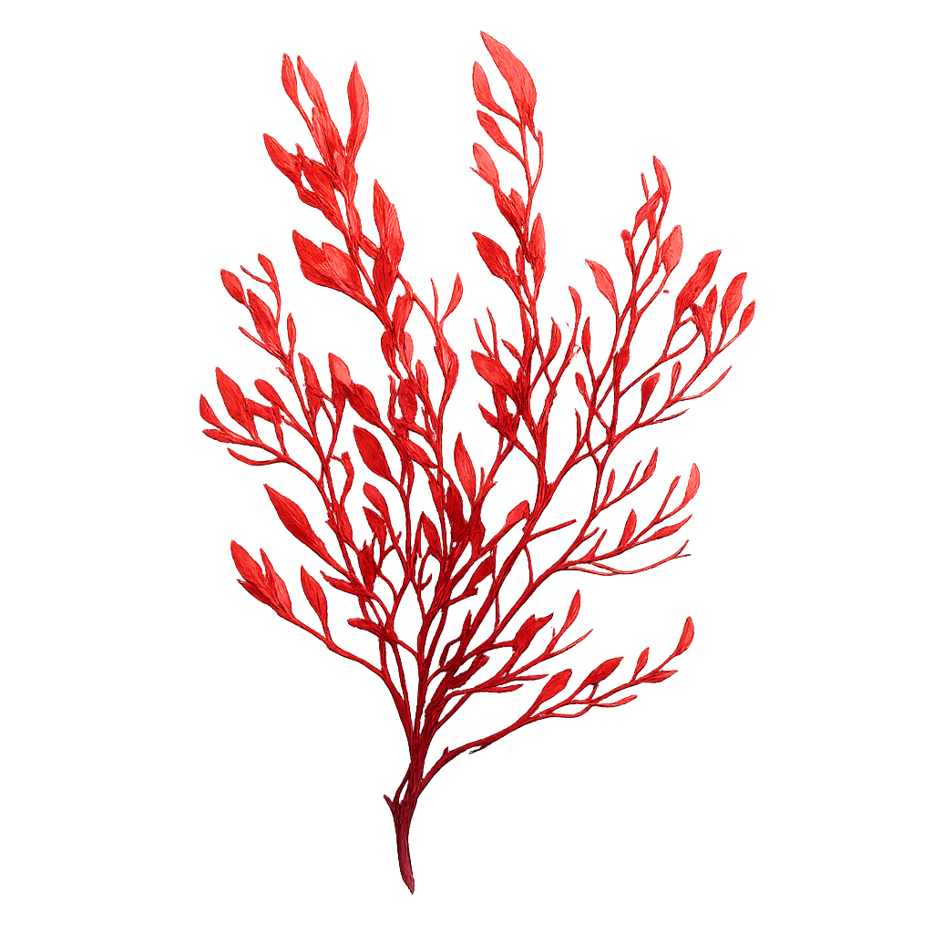 Red branching seaweed specimen glowing on a neutral background.